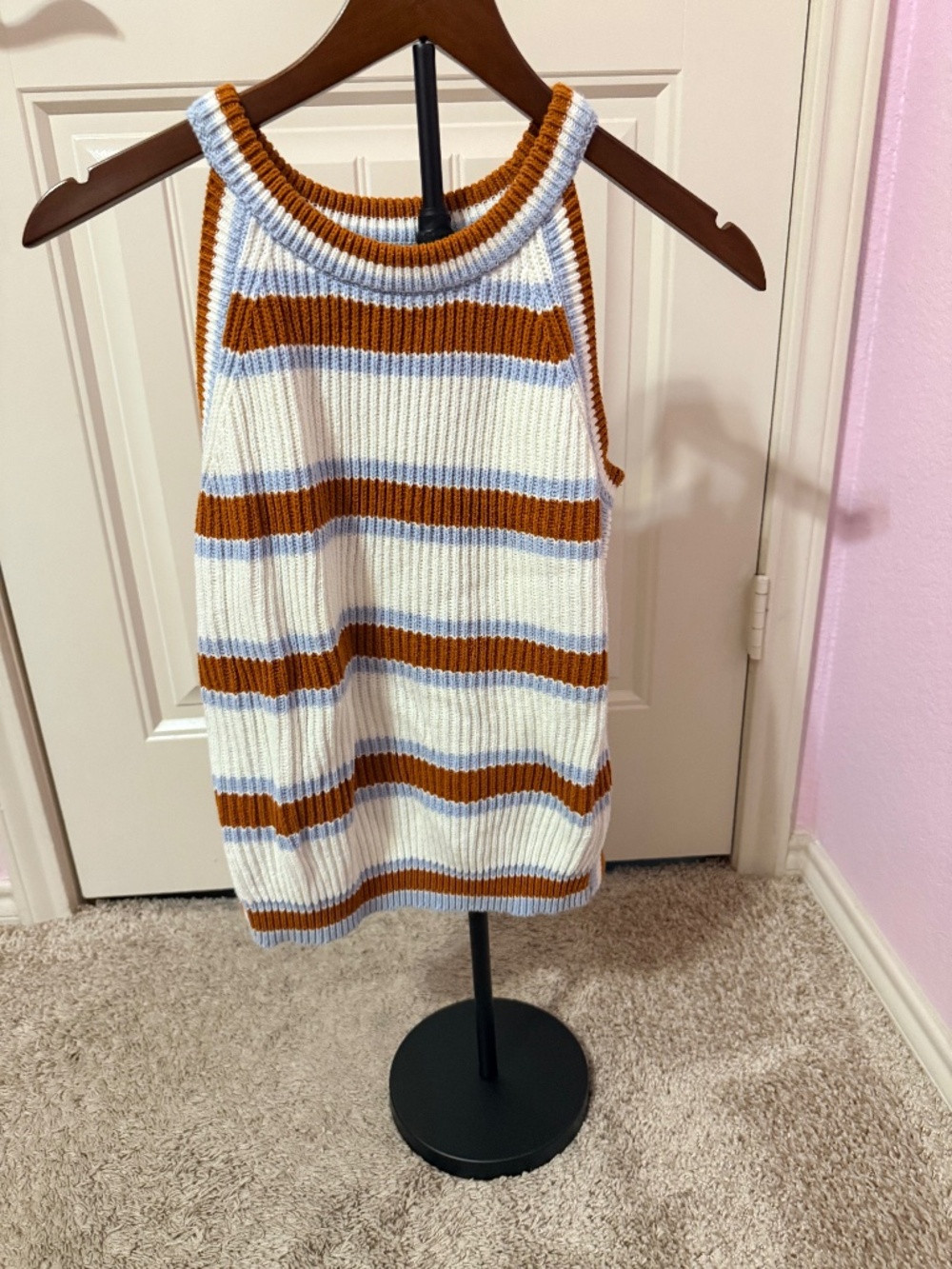 Freshman 1996 Cropped Tank Top Sweater Size M White Blue Brown Strip